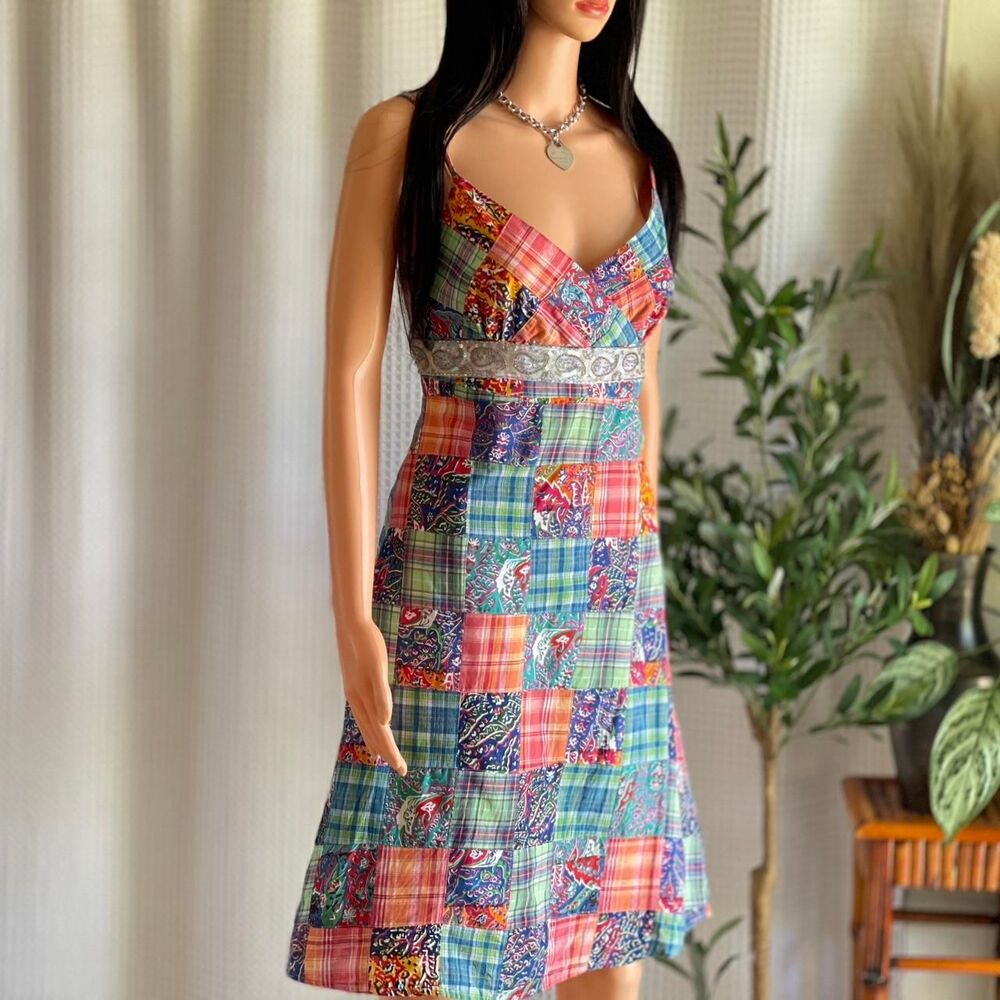 Vtg Y2K Tailor New York Madras Plaid Patchwork Dress Beaded Paisley Sundress 4